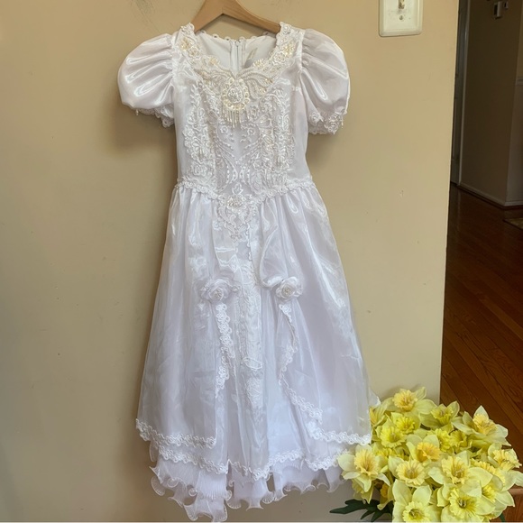 Angels Flower Girl Communion Dress Pearls Rhinestones Sequined Gown Girls Sz 7 - Picture 3 of 16
